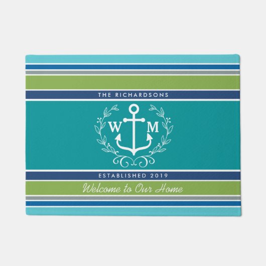 Monogram Anchor Laurel Wreath Stripes Nautical Deurmat (Voorkant)