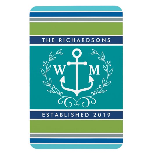 Monogram Anchor Laurel Wreath Stripes Nautical Magneet (Verticaal)
