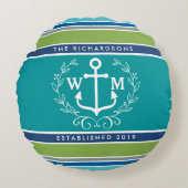 Monogram Anchor Laurel Wreath Stripes Nautical Rond Kussen (Voorkant)