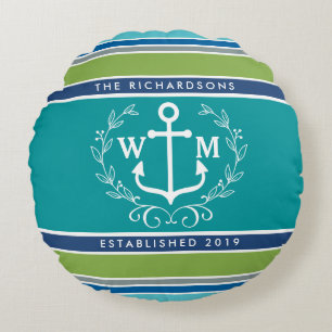 Monogram Anchor Laurel Wreath Stripes Nautical Rond Kussen