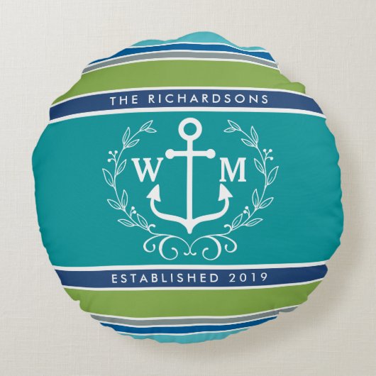Monogram Anchor Laurel Wreath Stripes Nautical Rond Kussen (Achterkant)