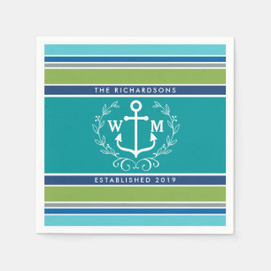Monogram Anchor Laurel Wreath Stripes Nautical Servetten