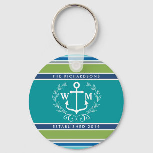 Monogram Anchor Laurel Wreath Stripes Nautical Sleutelhanger
