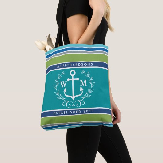 Monogram Anchor Laurel Wreath Stripes Nautical Tote Bag (Dichtbij)