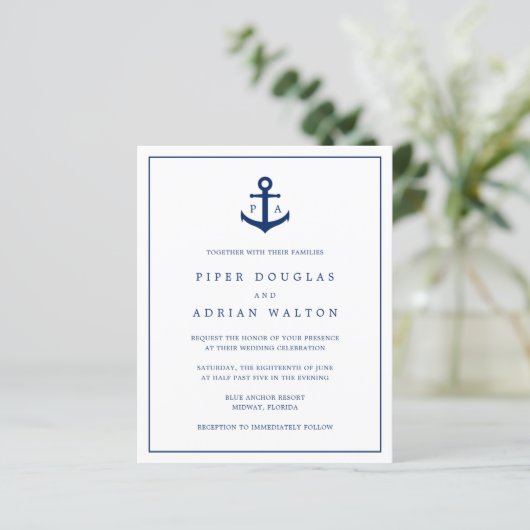 Monogram Anchor Nautical Budget Wedding Uitnodigin (Staand voorkant)