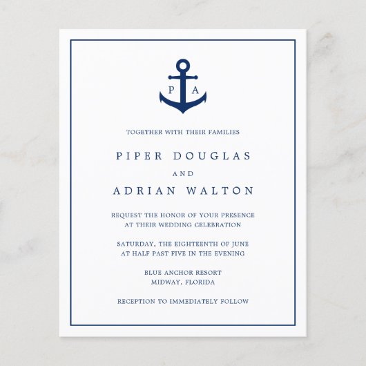 Monogram Anchor Nautical Budget Wedding Uitnodigin (Voorkant)