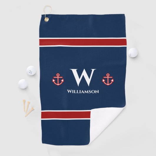 Monogram Anchor Nautical Red Blue Stripes Golfhanddoek (Insitu)