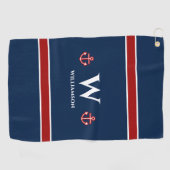 Monogram Anchor Nautical Red Blue Stripes Golfhanddoek (Horizontaal)