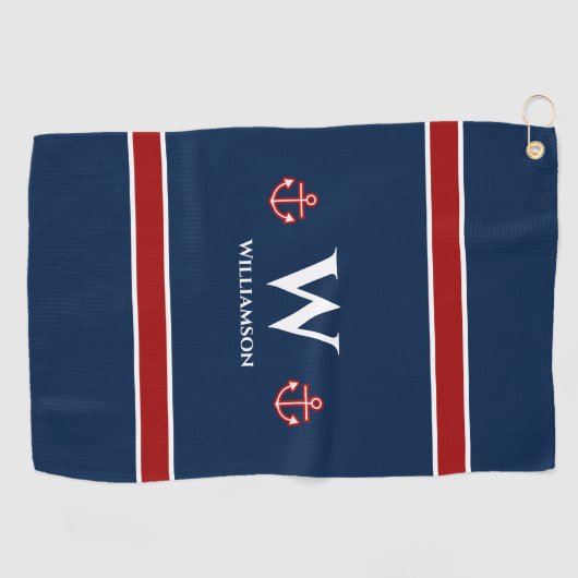 Monogram Anchor Nautical Red Blue Stripes Golfhanddoek (Horizontaal)