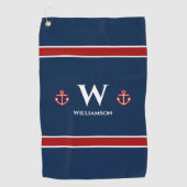 Monogram Anchor Nautical Red Blue Stripes Golfhanddoek (Voorkant)