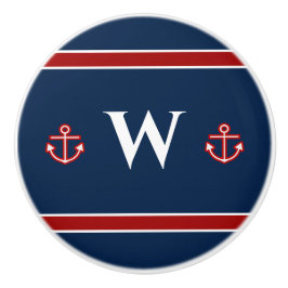 Monogram Anchor Nautical Red Blue Stripes Keramische Knop