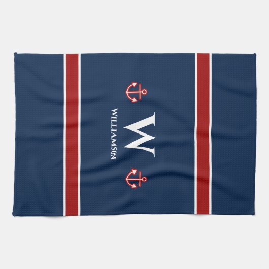 Monogram Anchor Nautical Red Blue Stripes Theedoek (Horizontaal)
