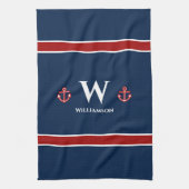 Monogram Anchor Nautical Red Blue Stripes Theedoek (Verticaal)