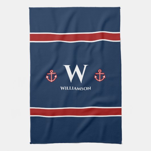 Monogram Anchor Nautical Red Blue Stripes Theedoek (Verticaal)