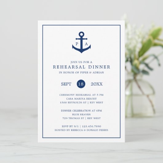 Monogram Anchor Nautical Rehearsal Dinner Kaart (Staand voorkant)