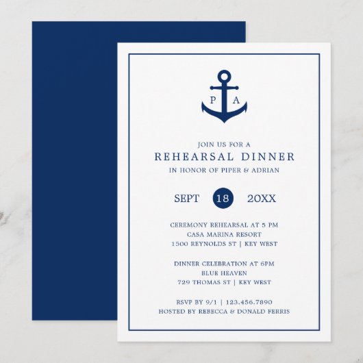 Monogram Anchor Nautical Rehearsal Dinner Kaart (Voorkant / Achterkant)