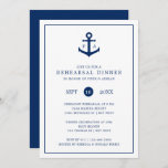 Monogram Anchor Nautical Rehearsal Dinner Kaart<br><div class="desc">Nautical rehearsal diner uitnodigingen met een blauw marineveranker met je monogram aan beide zijden en je evenementendetails omringd door een grens, over een witte achtergrond. Uw datum wordt omringd door een cirkel met de maand links en het jaar rechts. De achterkant is een overeenkomende schaduw van marinesblauw. Een eenvoudig maar...</div>