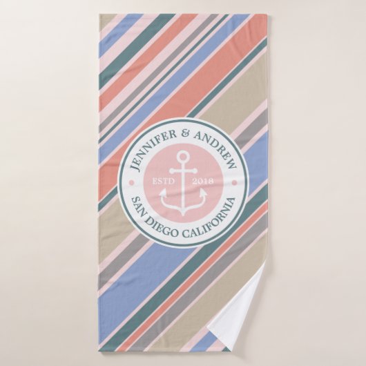 Monogram Anchor Nautical Wedding Blush Pink Stripe Badhanddoek (Badhanddoek)