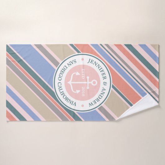 Monogram Anchor Nautical Wedding Blush Pink Stripe Badhanddoek (Badhanddoek)