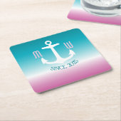 Monogram Anchor Ombre Turquoise Pink Nautical Kartonnen Onderzetters (Schuin)