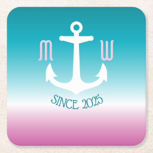 Monogram Anchor Ombre Turquoise Pink Nautical Kartonnen Onderzetters
