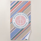 Monogram Anchor Trendy Stripes Dusty Pink Nautical Strandlaken (Voorkant)