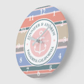 Monogram Anchor Trendy Stripes Pink Nautical Beach Grote Klok (Hoek)