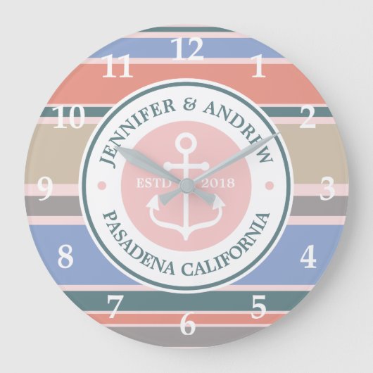 Monogram Anchor Trendy Stripes Pink Nautical Beach Grote Klok (Voorkant)
