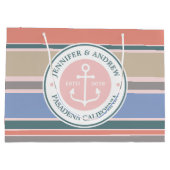Monogram Anchor Trendy Stripes Pink Nautical Beach Large Cadeautasje (Achterkant)