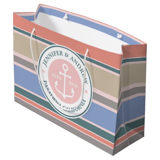 Monogram Anchor Trendy Stripes Pink Nautical Beach Large Cadeautasje (Achterkant Gekanteld)