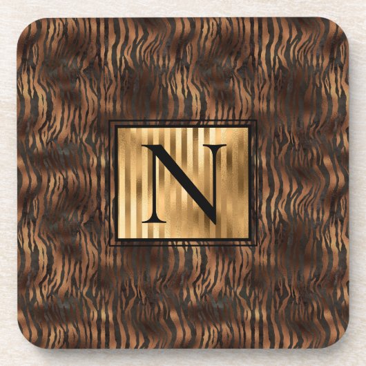 Monogram Animal Tiger print Gold Elegant Metallic Bier Onderzetter (Voorkant)