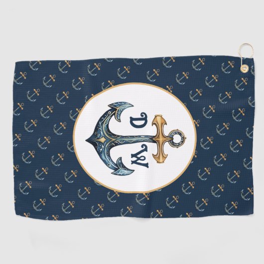Monogram anker marineblauw golfhanddoek (Horizontaal)