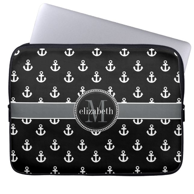 Monogram anker voor zwarte en witte schepen laptop sleeve (Voorkant)