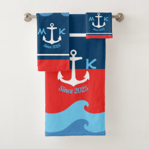 Monogram Ankergolven Boat Red White Blue Nautical Bad Handdoek