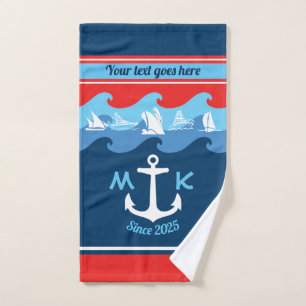 Monogram Ankergolven Boat Red White Blue Nautical Handdoek