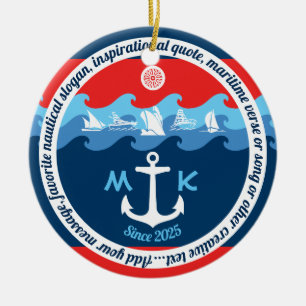 Monogram Ankergolven Boat Red White Blue Nautical Keramisch Ornament
