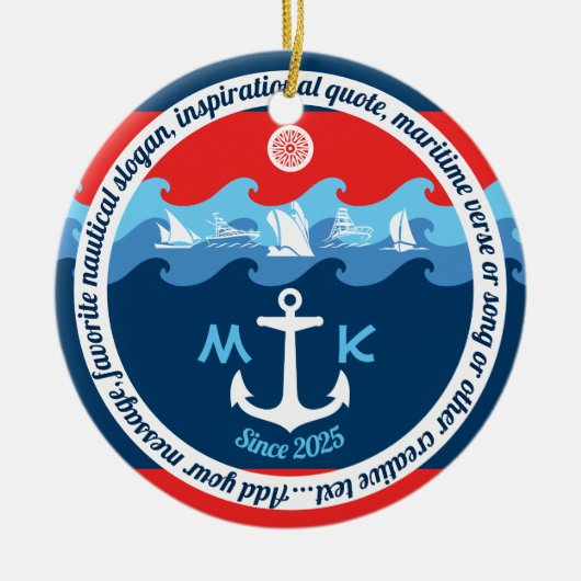 Monogram Ankergolven Boat Red White Blue Nautical Keramisch Ornament (Voorkant)