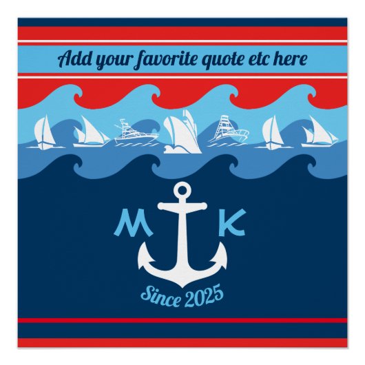 Monogram Ankergolven Boat Red White Blue Nautical Perfect Poster (Voorkant)