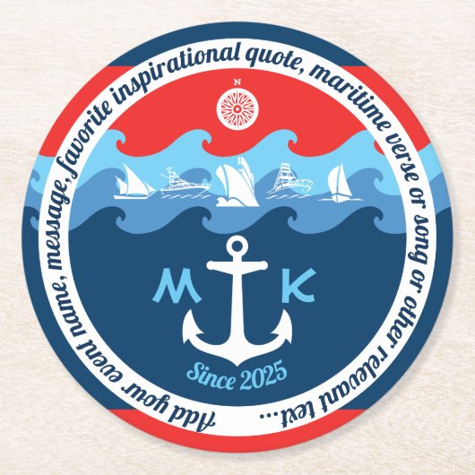 Monogram Ankergolven Boat Red White Blue Nautical Ronde Kartonnen Onderzetter (Voorkant)