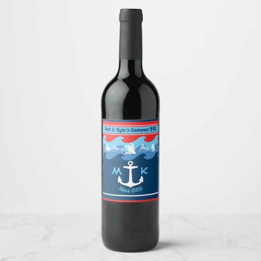 Monogram Ankergolven Boat Red White Blue Nautical Wijn Etiket (Voorkant)