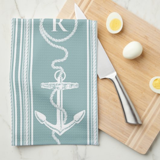 Monogram Ankertouw Neutraal Turquoise Theedoek (Quarter Fold)