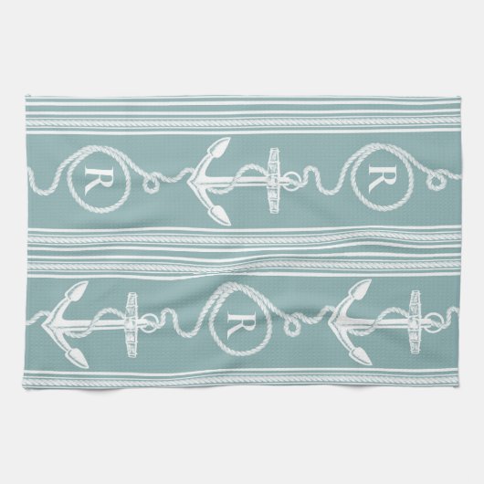 Monogram Ankertouw Neutraal Turquoise Theedoek (Horizontaal)