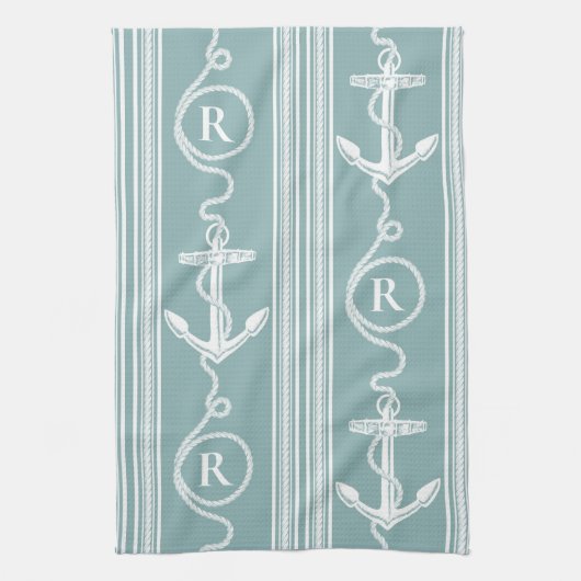 Monogram Ankertouw Neutraal Turquoise Theedoek (Verticaal)