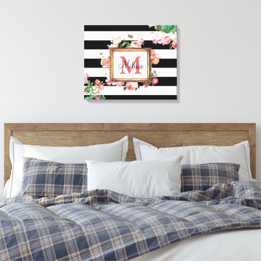 Monogram Antiek Floral & Stripes Canvas Afdruk (Insitu (Slaapkamer))