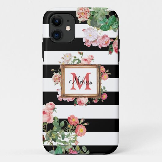 Monogram Antiek Floral & Stripes Case-Mate iPhone Case (Achterkant)