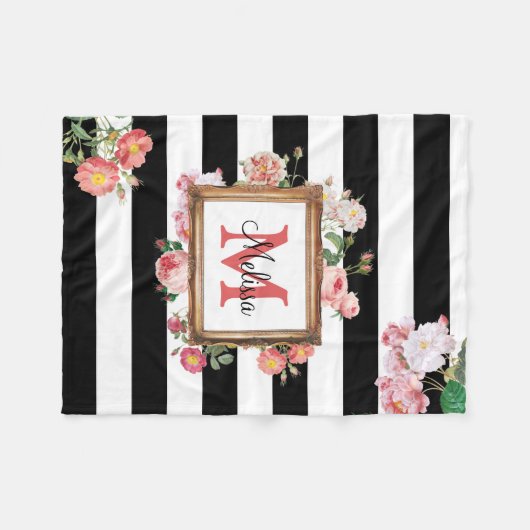 Monogram Antiek  Floral & Stripes Fleece Deken (Voorkant (Horizontaal))