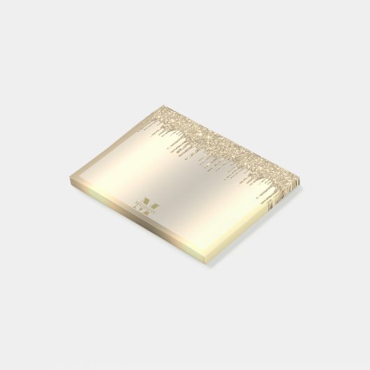 Monogram Antiek Goud Dripping Glitter Metallic Post-it® Notes (Schuin)
