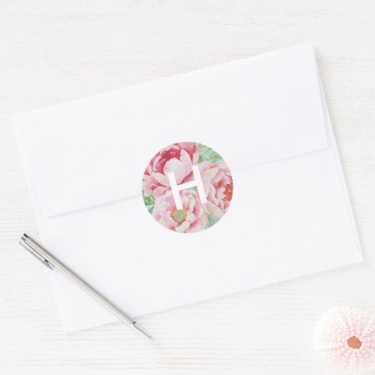 Monogram Antiek pioen Ronde Sticker (Envelop)
