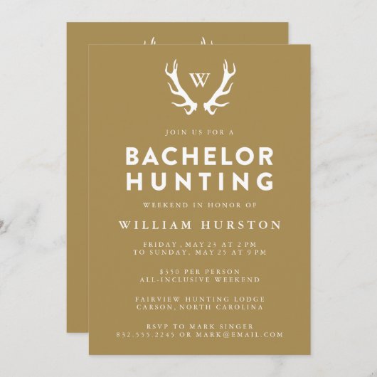 Monogram Antlers Hunting Bachelor Party Invitation Kaart (Voorkant / Achterkant)