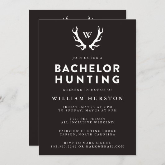 Monogram Antlers Hunting Bachelor Party Invitation Kaart (Voorkant / Achterkant)
